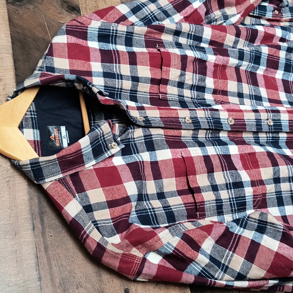 Ridgecut Tough Plaid Wear Red Blue Beige Long Sleeve Heavy Weight Flannel Sz XL - Picture 2 of 9